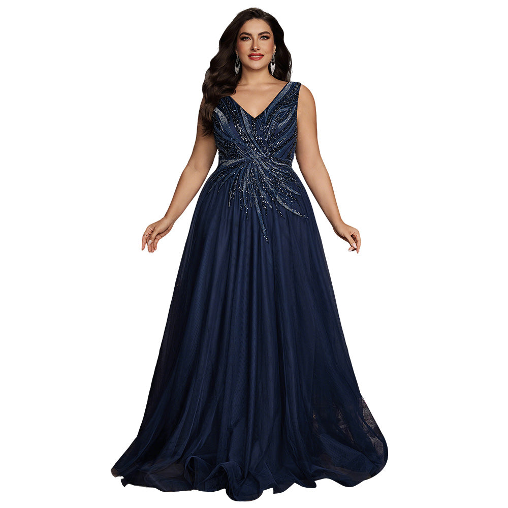 Curvy Navy Sequin V-Neck A-Line Tulle Evening Gown | Plus Size Floor Length Formal Dress