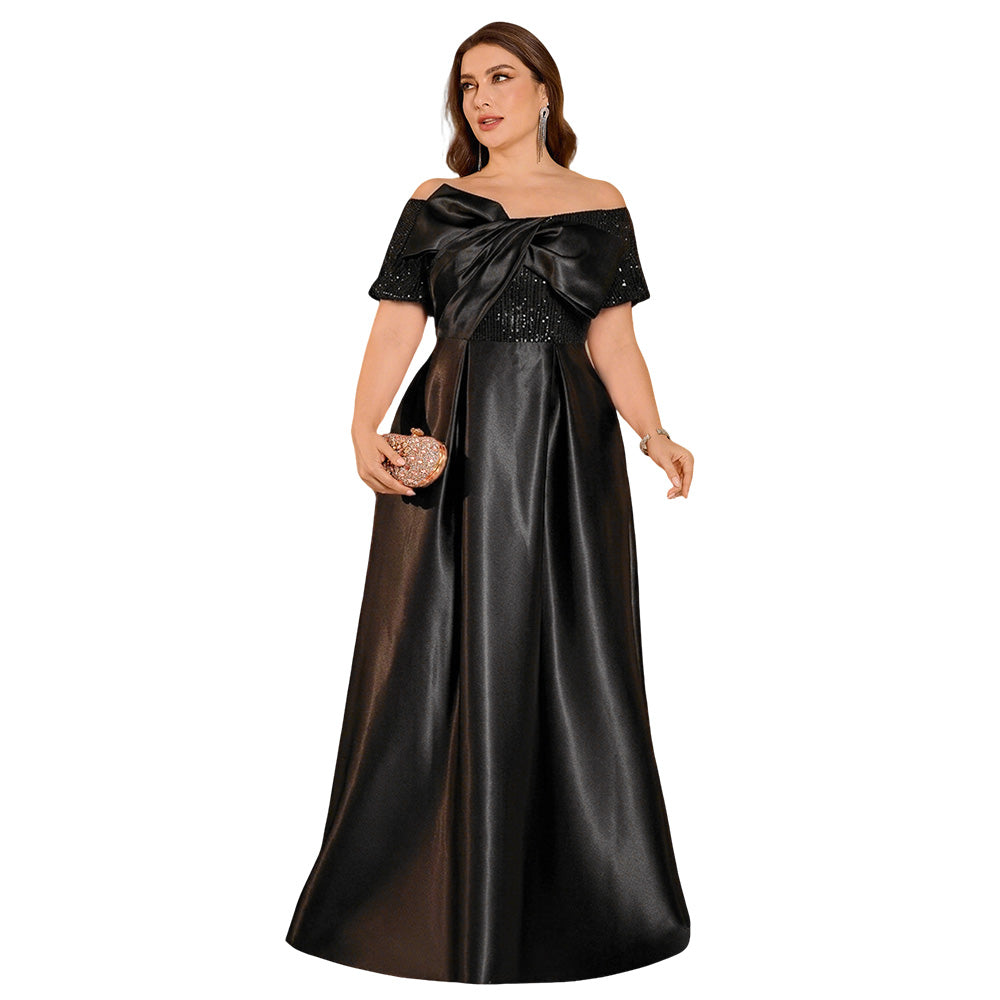Off-the-Shoulder Satin Formal Dress Big Bow Beaded Plus Size Wedding Guest Maxi Gown