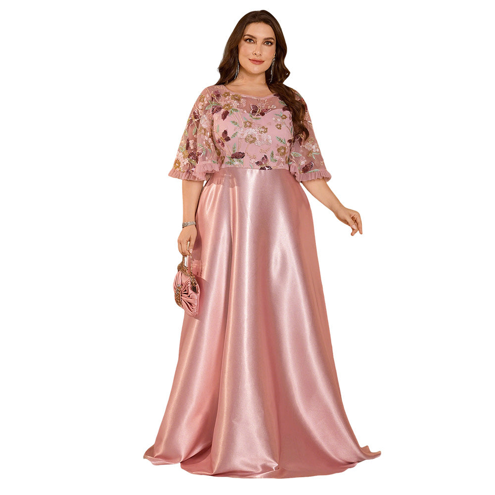 Blush Pink Floral Embroidered Mesh Plus Size Satin Long Evening Gown