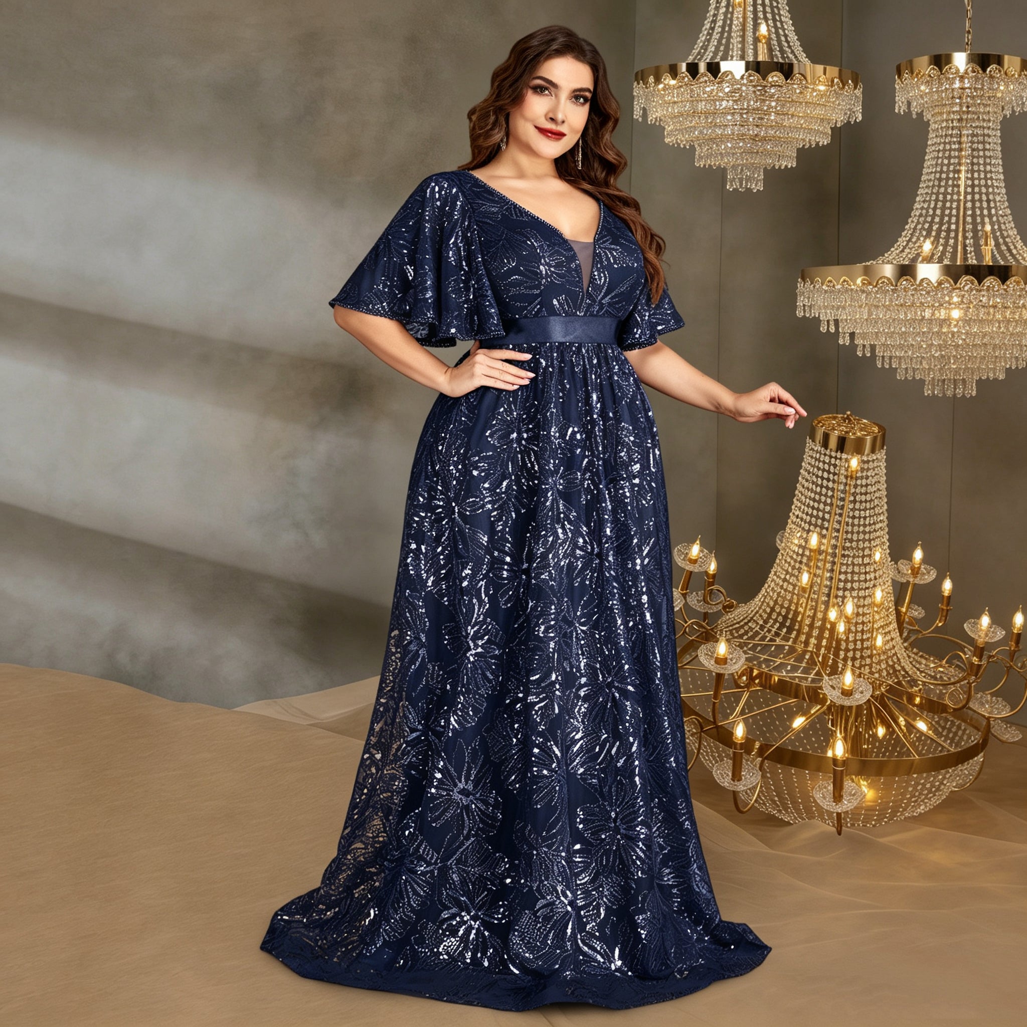 navy floral sequin gown for women on model for formal events & special occasions
