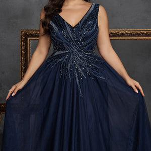 navy sequin a-line gown for women close-up - v neck neckline detail