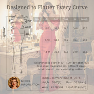 Size Chart for Red Off-Shoulder Ruched High Slit Maxi Dress
