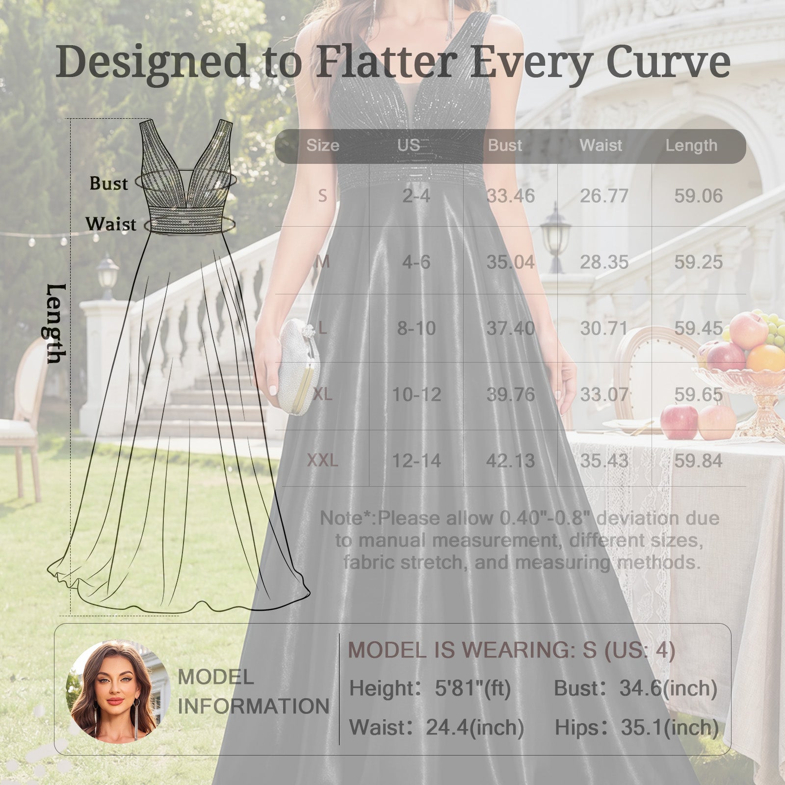 size chart for women black sequin backless v‑neck maxi ball gown evening dress