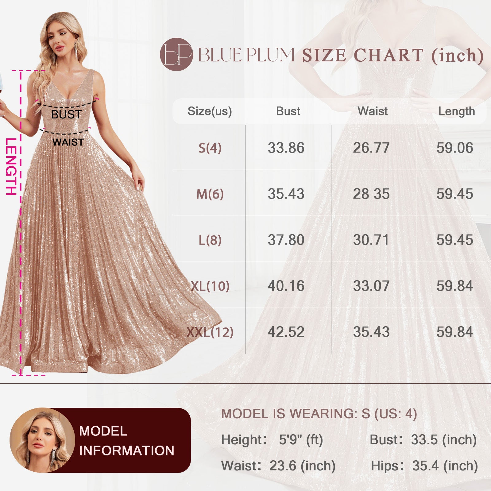 sequin v-neck v-back a-line maxi dress for women size chart measurement guide