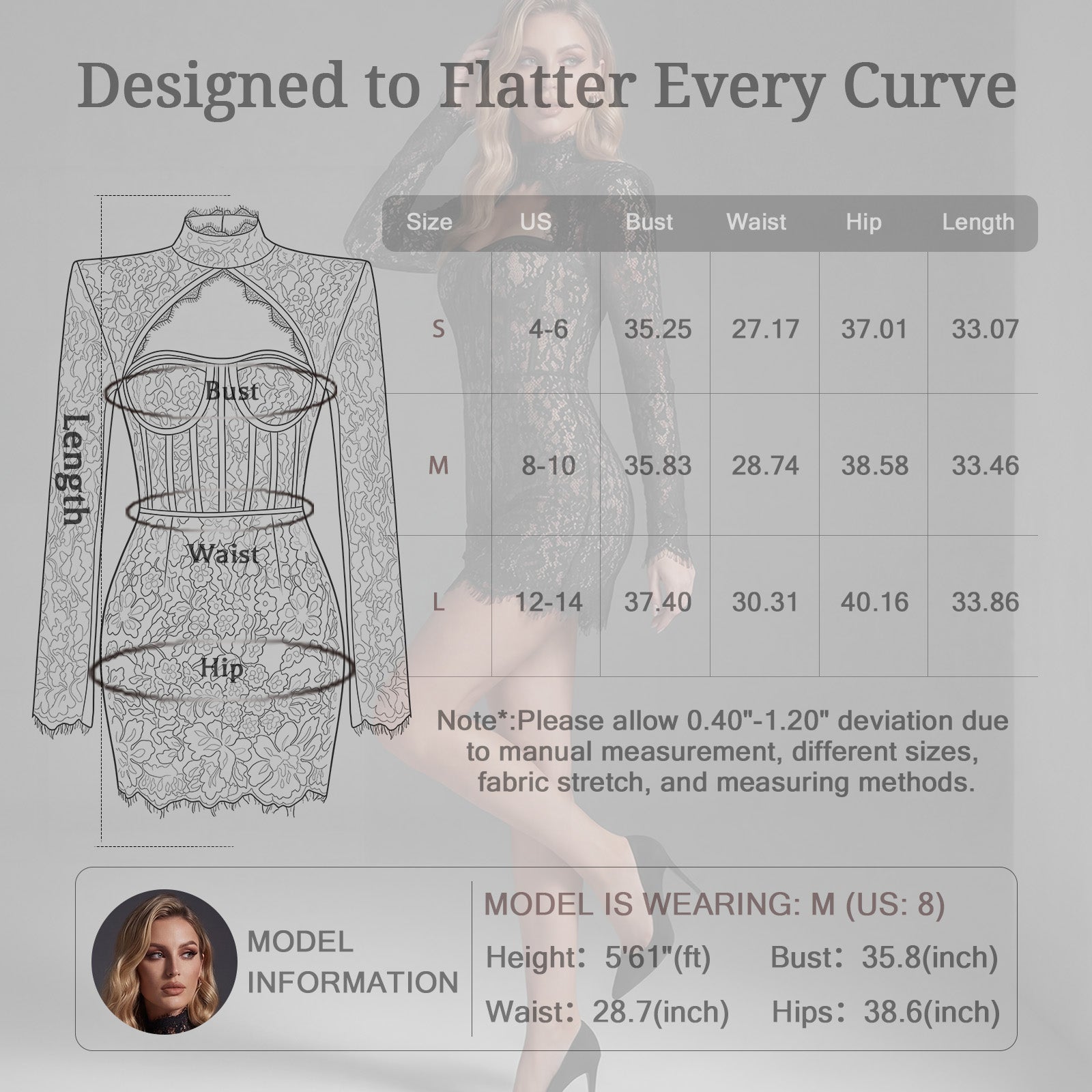 black lace long sleeve corset mini dress for women size chart measurement guide