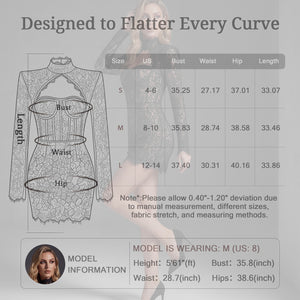 black lace long sleeve corset mini dress for women size chart measurement guide