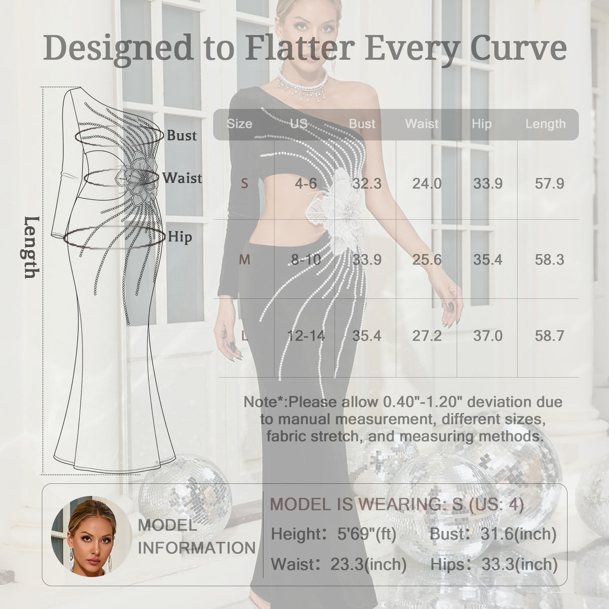 Size Chart for 3D Flower One-Shoulder Maxi Dress