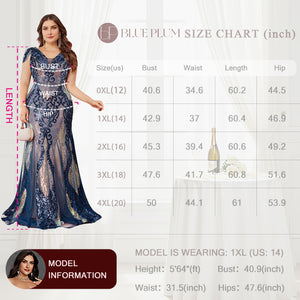 Size Chart for Plus Size Navy Gold Sequin Evening Gown