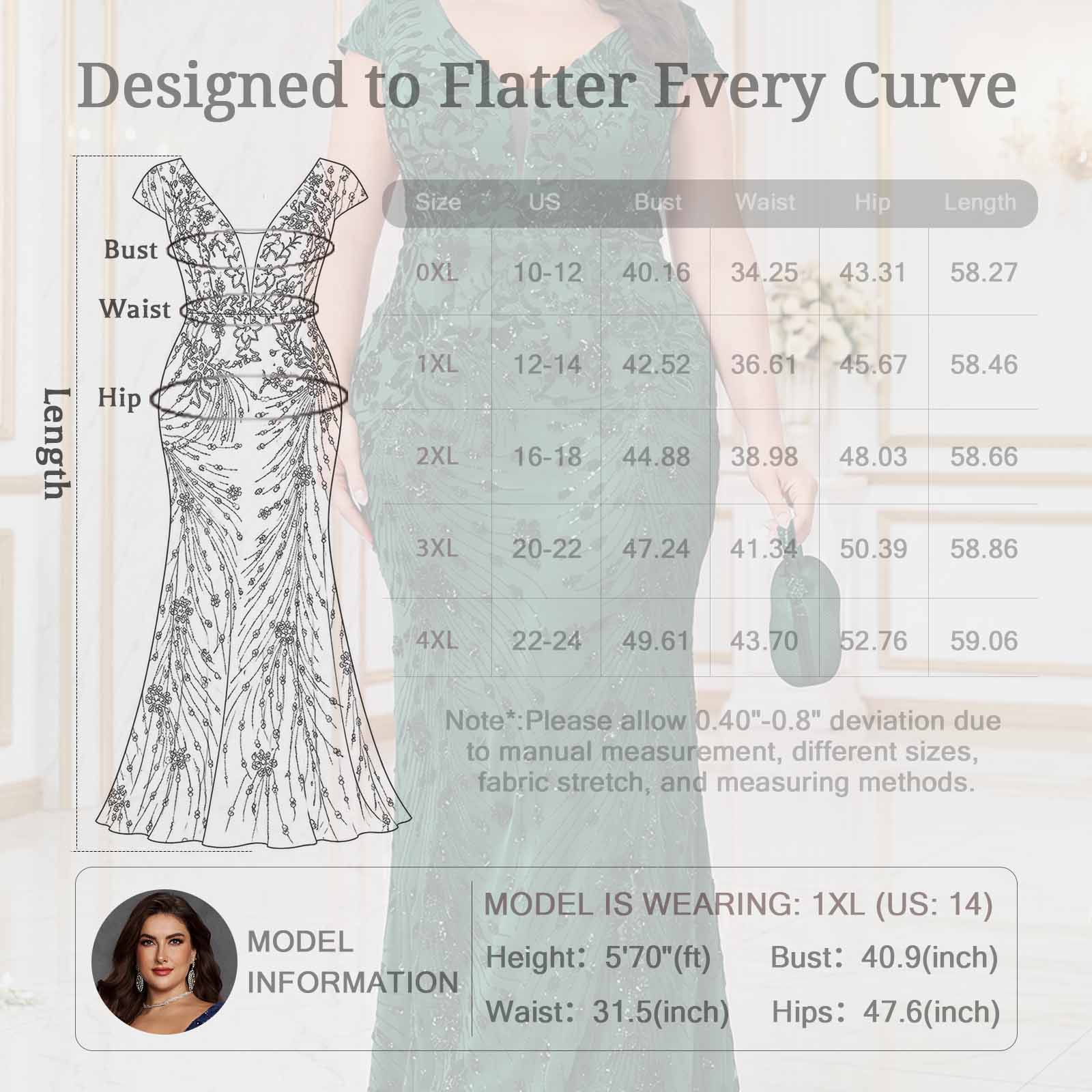 Size & craft diagram for plus size lace mermaid formal evening dress