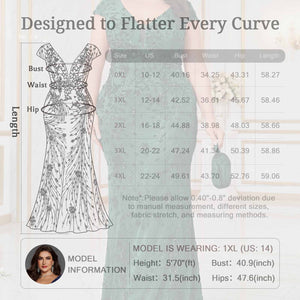 Size & craft diagram for plus size lace mermaid formal evening dress