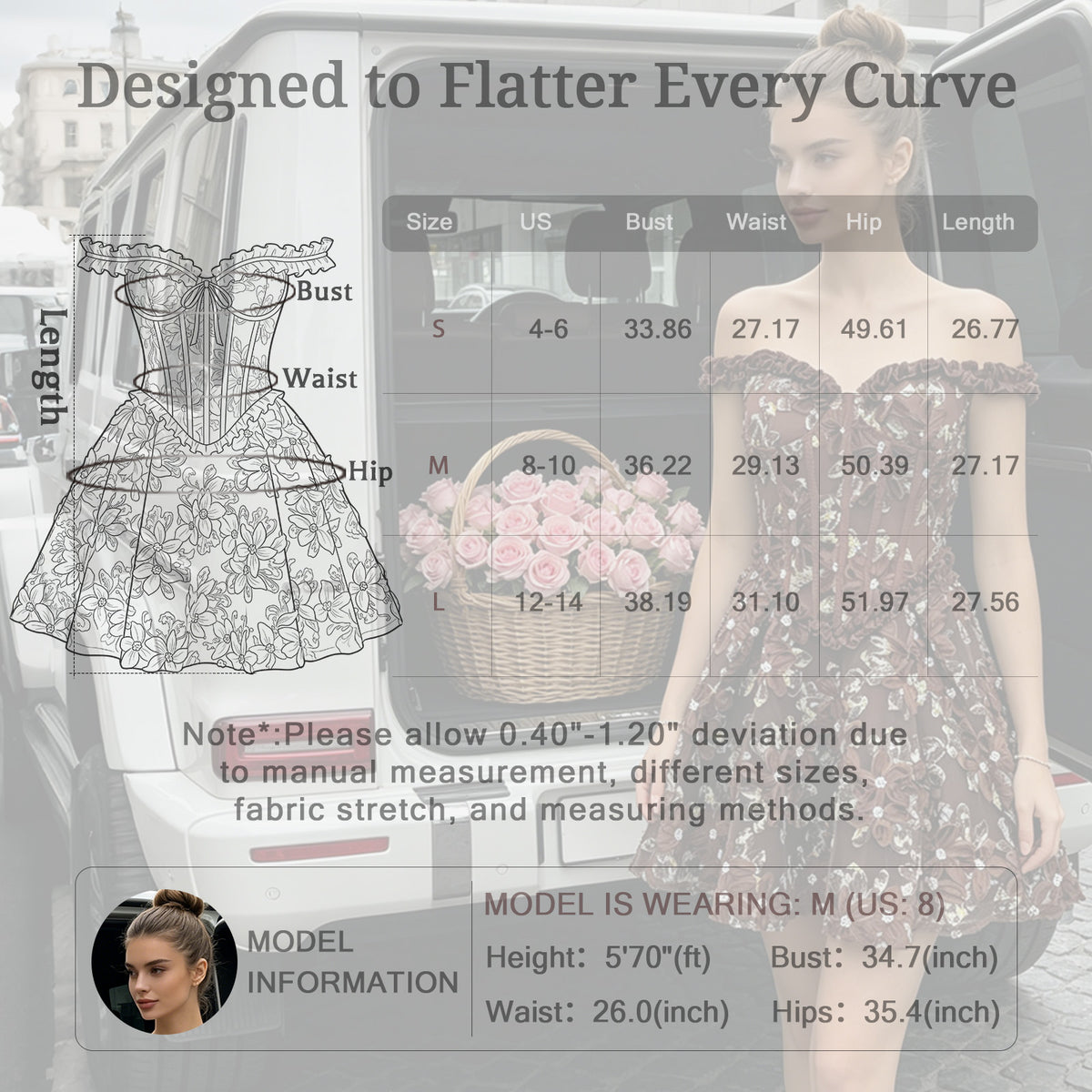 ruffle off-shoulder 3d flower corset mini for women size chart measurement guide