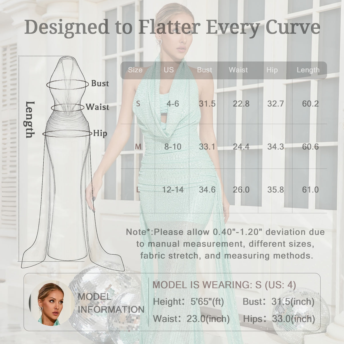 Size Chart for Sequin Halter Mermaid Maxi Dress