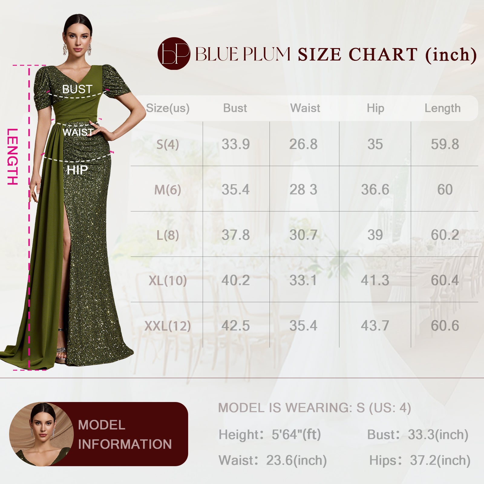 Size Chart for Olive Green Sequin Puff Sleeve Slit Mermaid Evening Dress