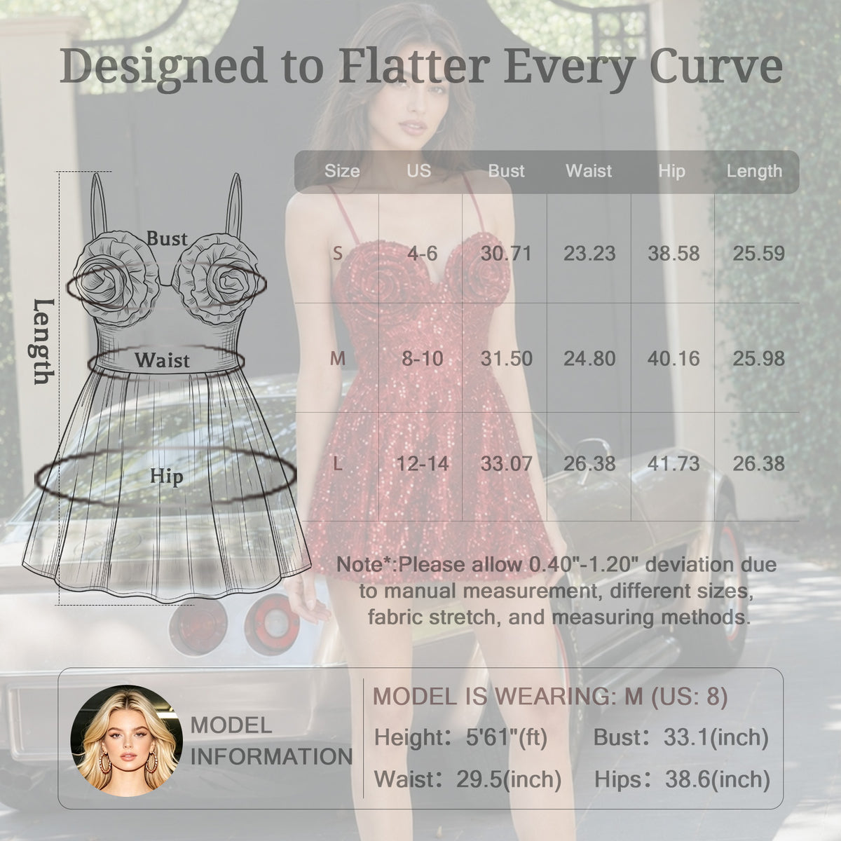 sparkly red floral homecoming dress for women size chart measurement guide
