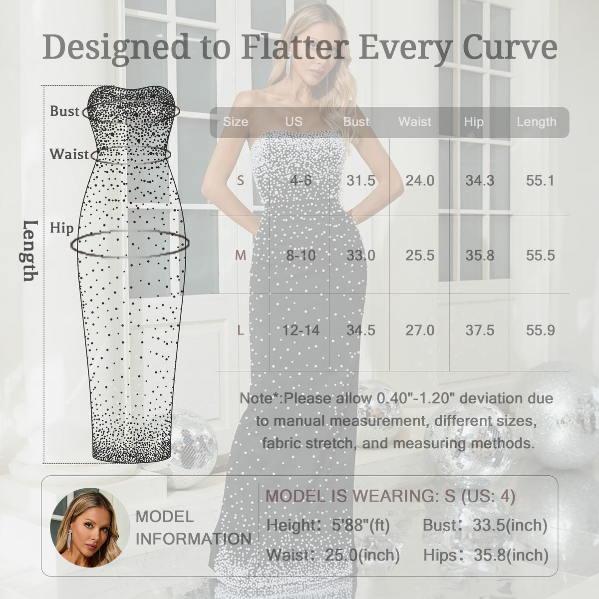BluePlum black pearl strapless maxi dress size guide