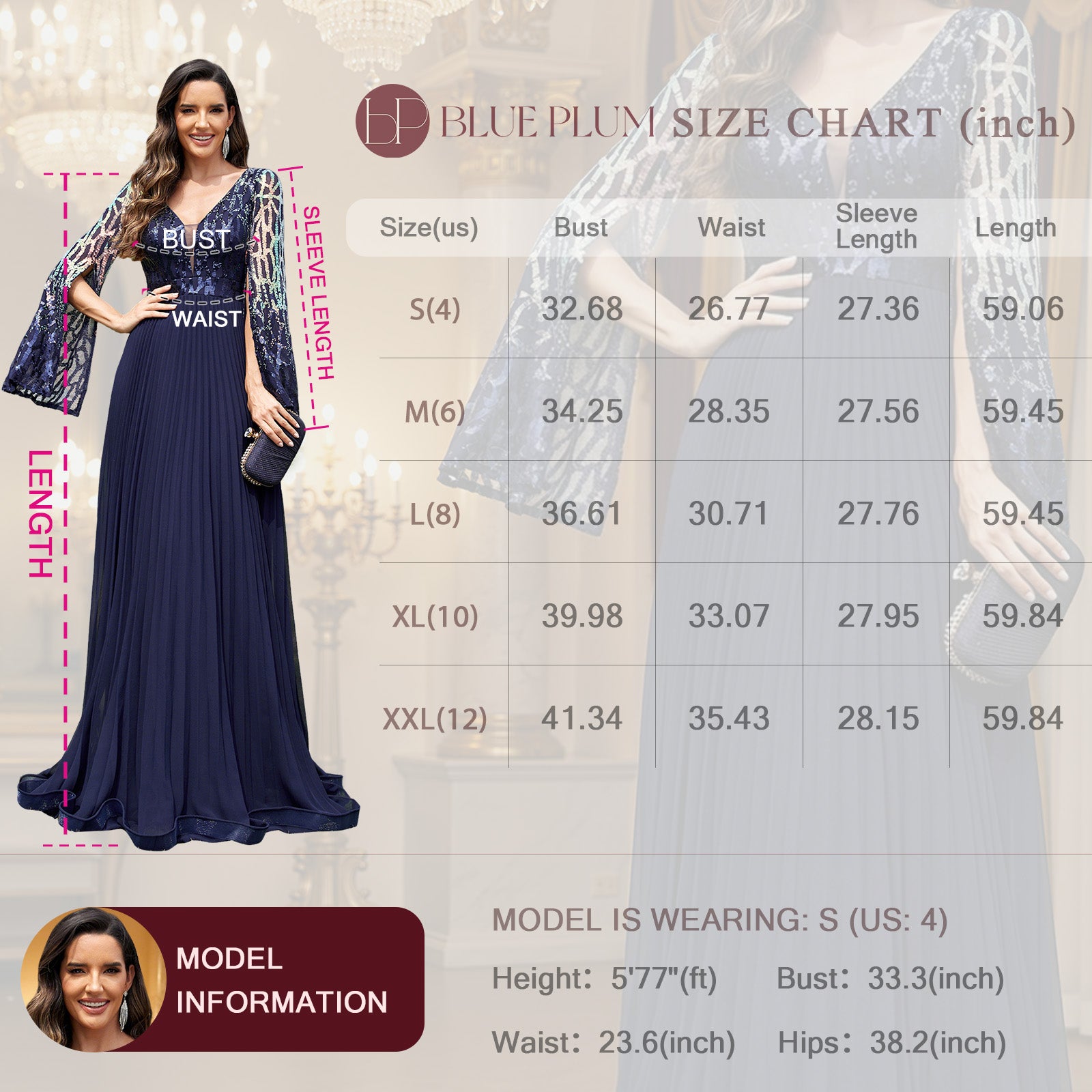 Size Chart for Navy Blue V-Neck Slit Sleeve Sequin Maxi Evening Dress