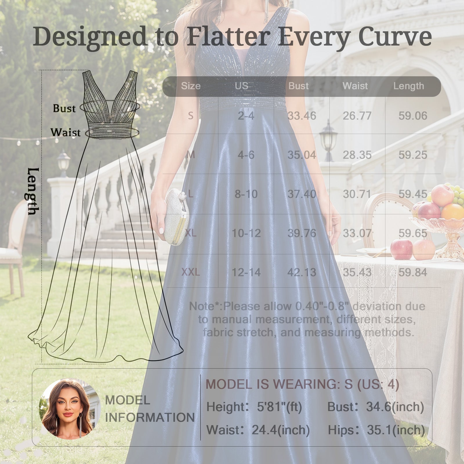 Size chart and silhouette design guide for sequin embroidered maxi evening dress