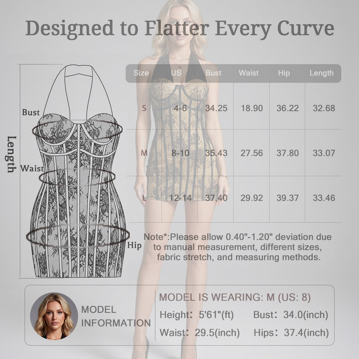 black lace halter short gown for women size chart measurement guide