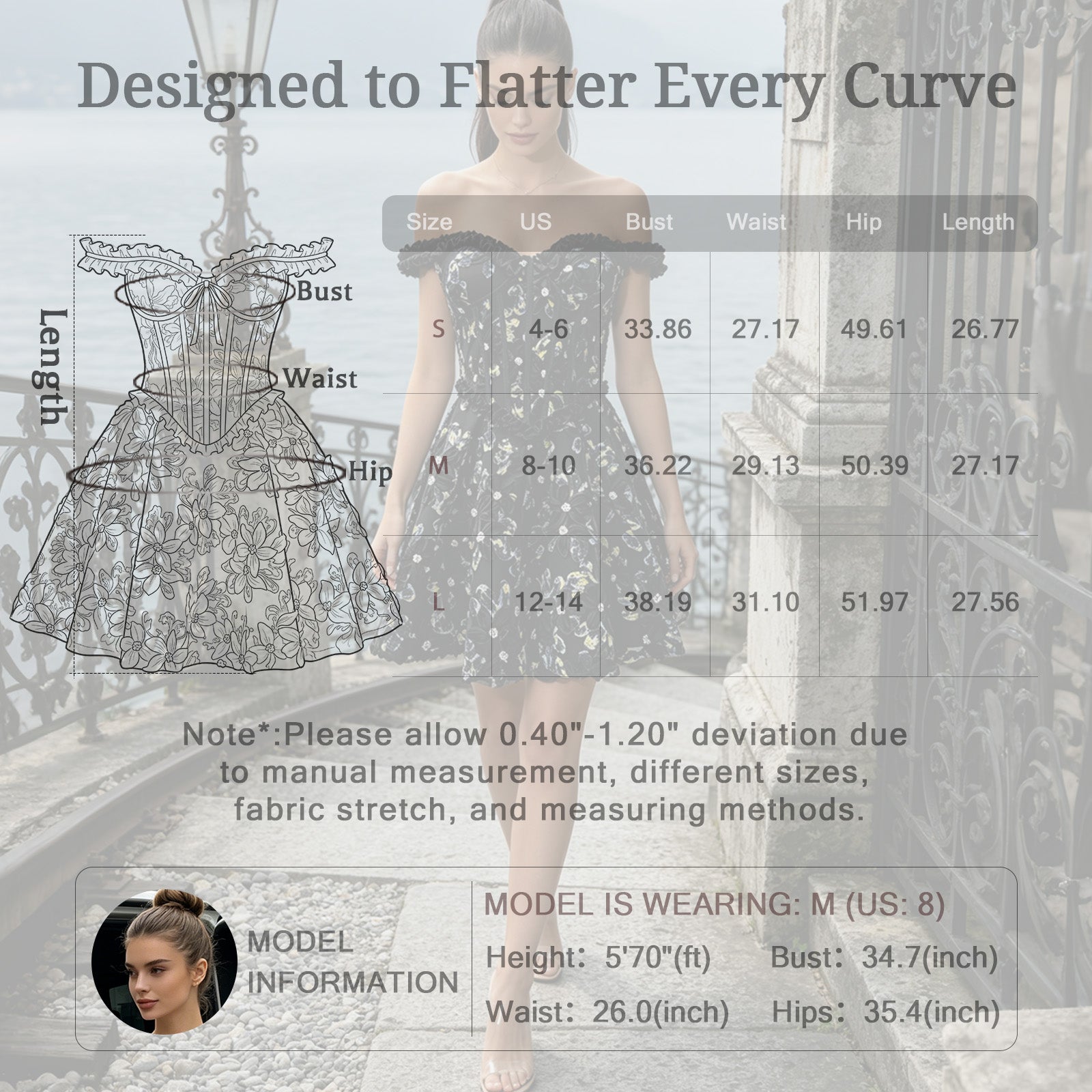black off-shoulder 3d floral corset mini for women size chart measurement guide