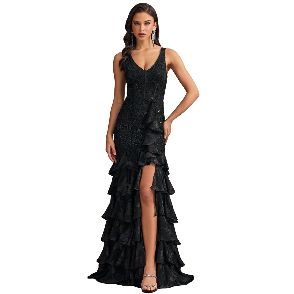 Black Tiered Ruffle Lace Sequin V-Neck Mermaid Formal Dress Front View