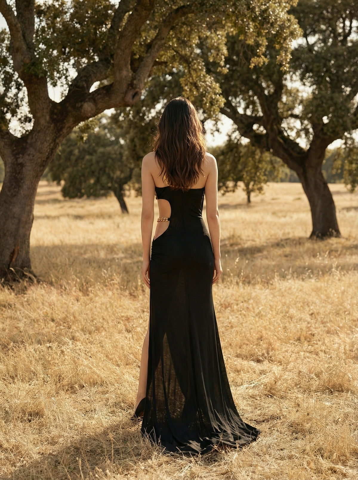 Back View of Black One-Shoulder High Slit Evening Gown