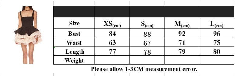 Size chart for black white ruffle mini party dress
