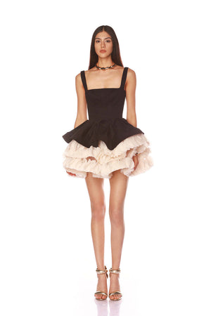Classic Audrey-Style Black and White Contrast Mini Dress Front View
