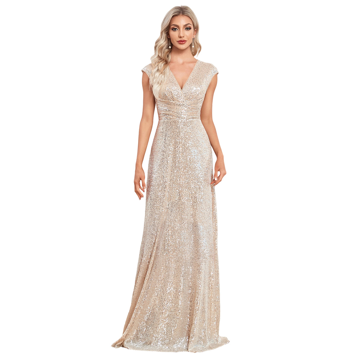 Sequin Embroidery Cap Sleeve V-Neck A-Line Maxi Dress front view