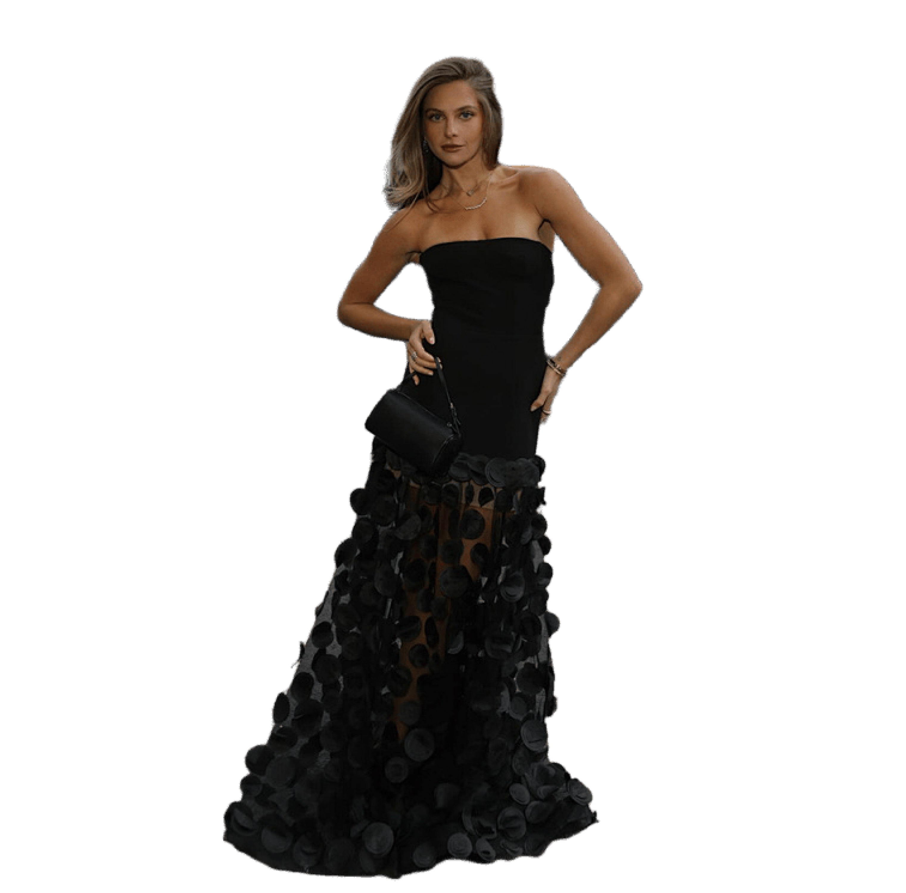 Romantic Two-Tone Evening Gown: Sleek Black Corset Top & Dreamy White Polka Dot Tulle Skirt