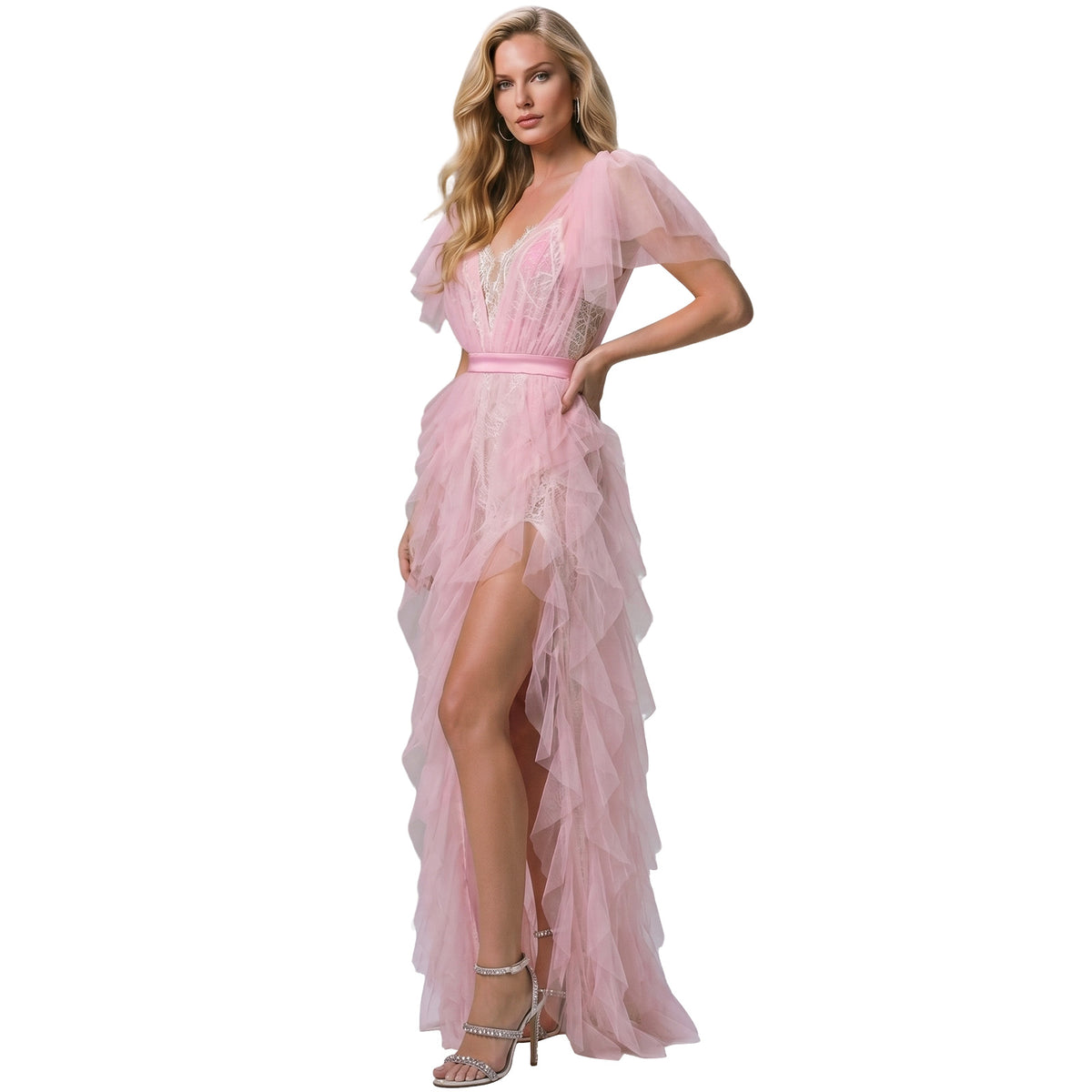 deep v tulle maxi dress with feathered hem for women front view