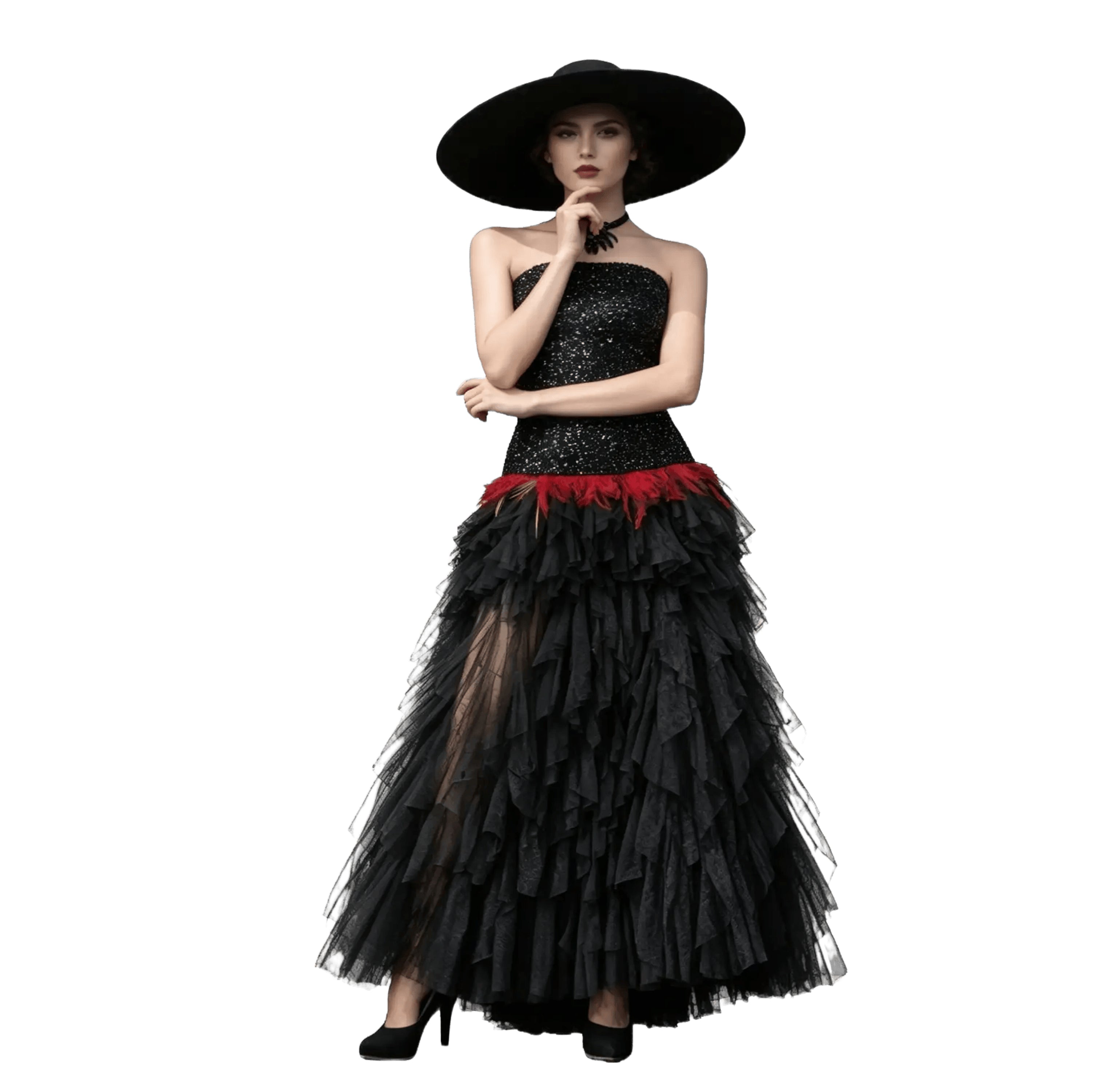 Sequin Strapless Gown — Feather Accents, Layered Organza & Gothic Romance
