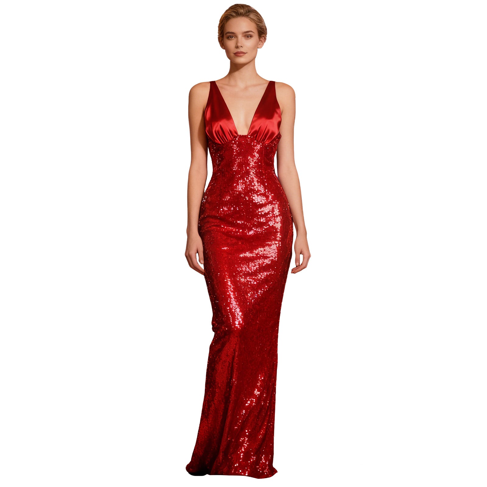 deep v halter sequin mermaid gown for women front view