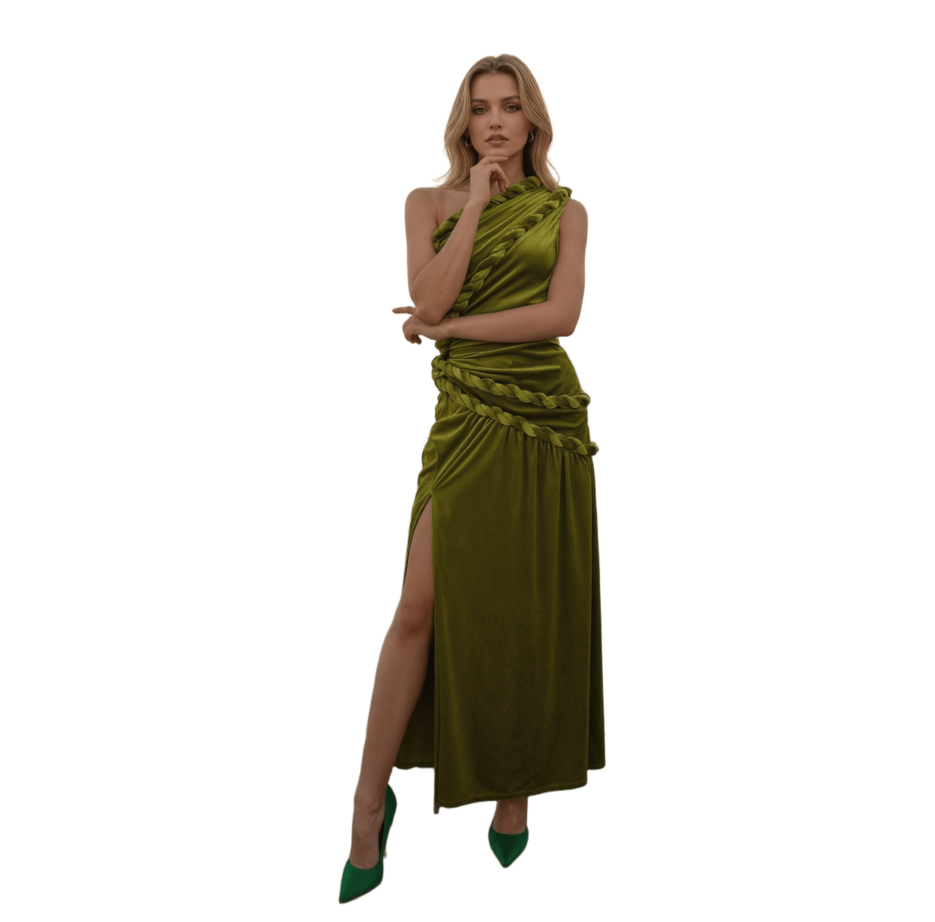 Velvet Bodycon Maxi Dress — One-Shoulder Neckline, Draped Twist Cord & Side Slit