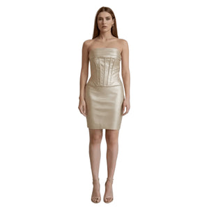 gold satin strapless bodycon mini dress for women front view