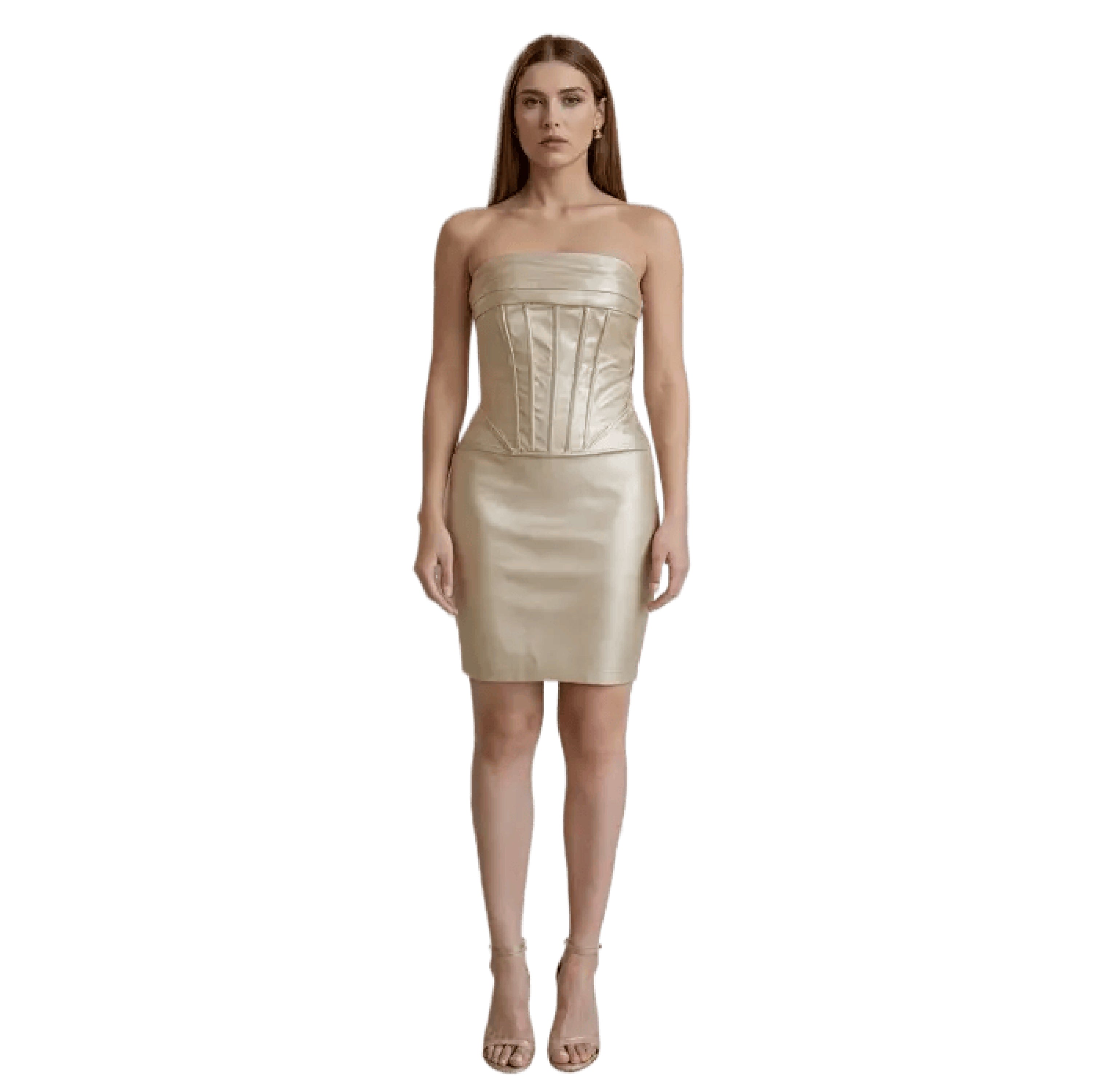 Gold Satin Strapless Bodycon Mini Dress — Backless with Slit