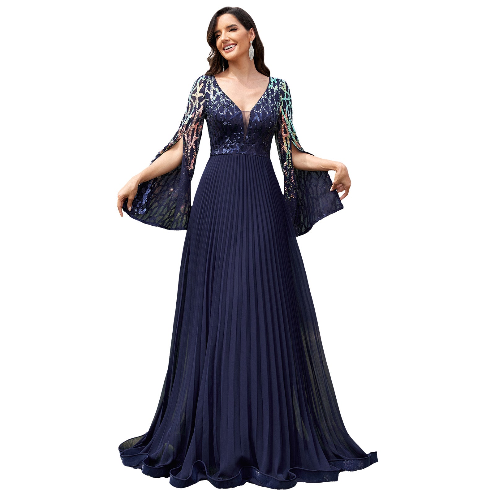 Navy Blue V-Neck Slit Sleeve Sequin Pleated Maxi Formal Dress Front View