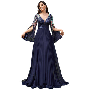 Navy Blue V-Neck Slit Sleeve Sequin Pleated Maxi Formal Dress Front View
