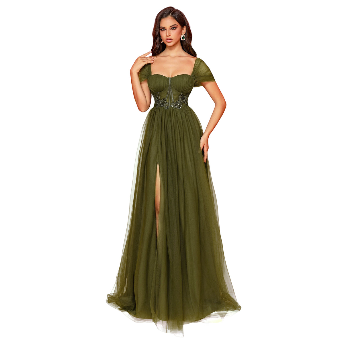 Olive Green Lace Sequin Backless Mesh Slit A-Line Maxi Dress Front View