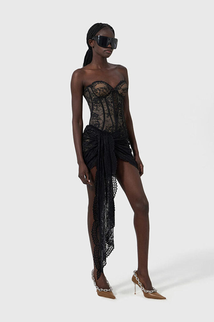 Lace Asymmetric Mini Dress — Lace-Up Back & Train