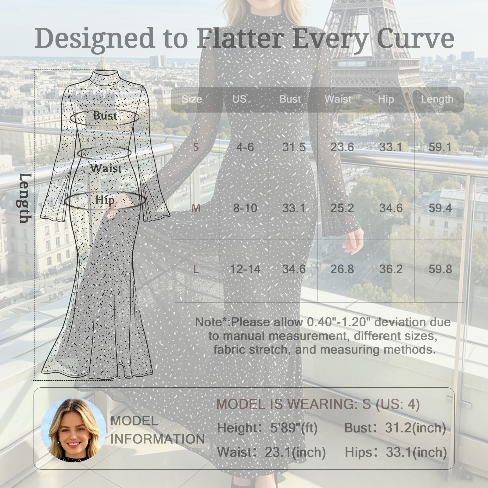 Size Chart for Rhinestone Mesh High Neck Midi Dress