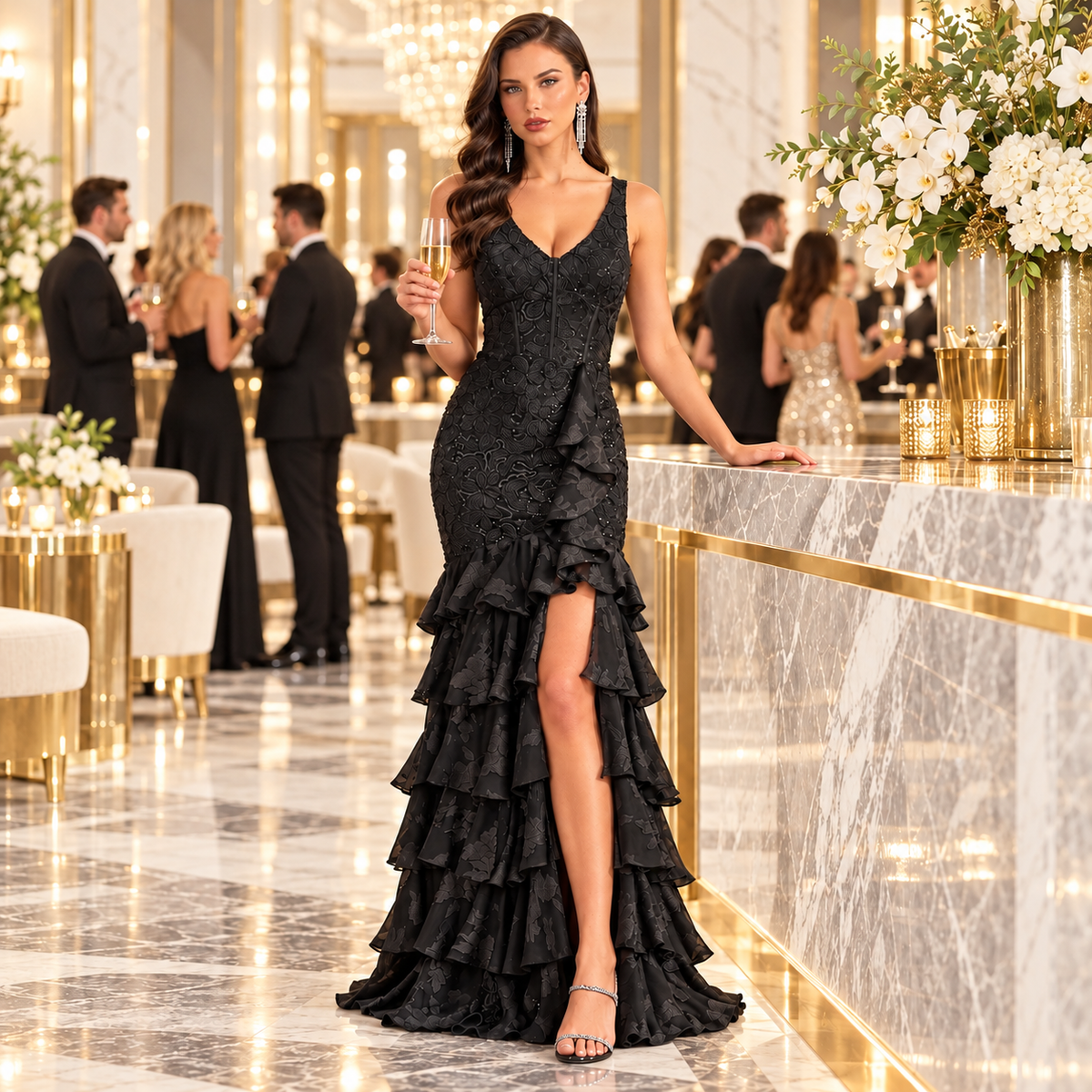 Black Lace Ruffle Evening Gown with High Slit at a Luxury Cocktail Reception