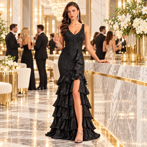 Black Lace Ruffle Evening Gown with High Slit at a Luxury Cocktail Reception