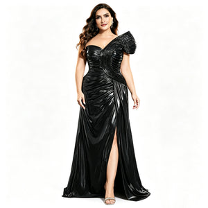 Plus size formal evening gown featuring black metallic one shoulder and high slit design
