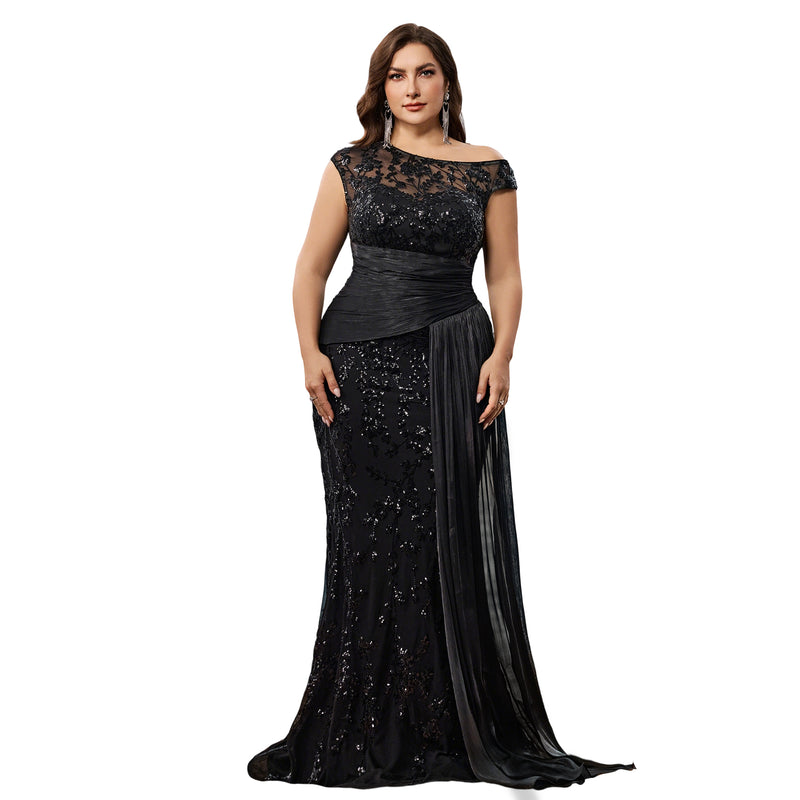Front view of Black Plus Size Sequin Mermaid Formal Gown