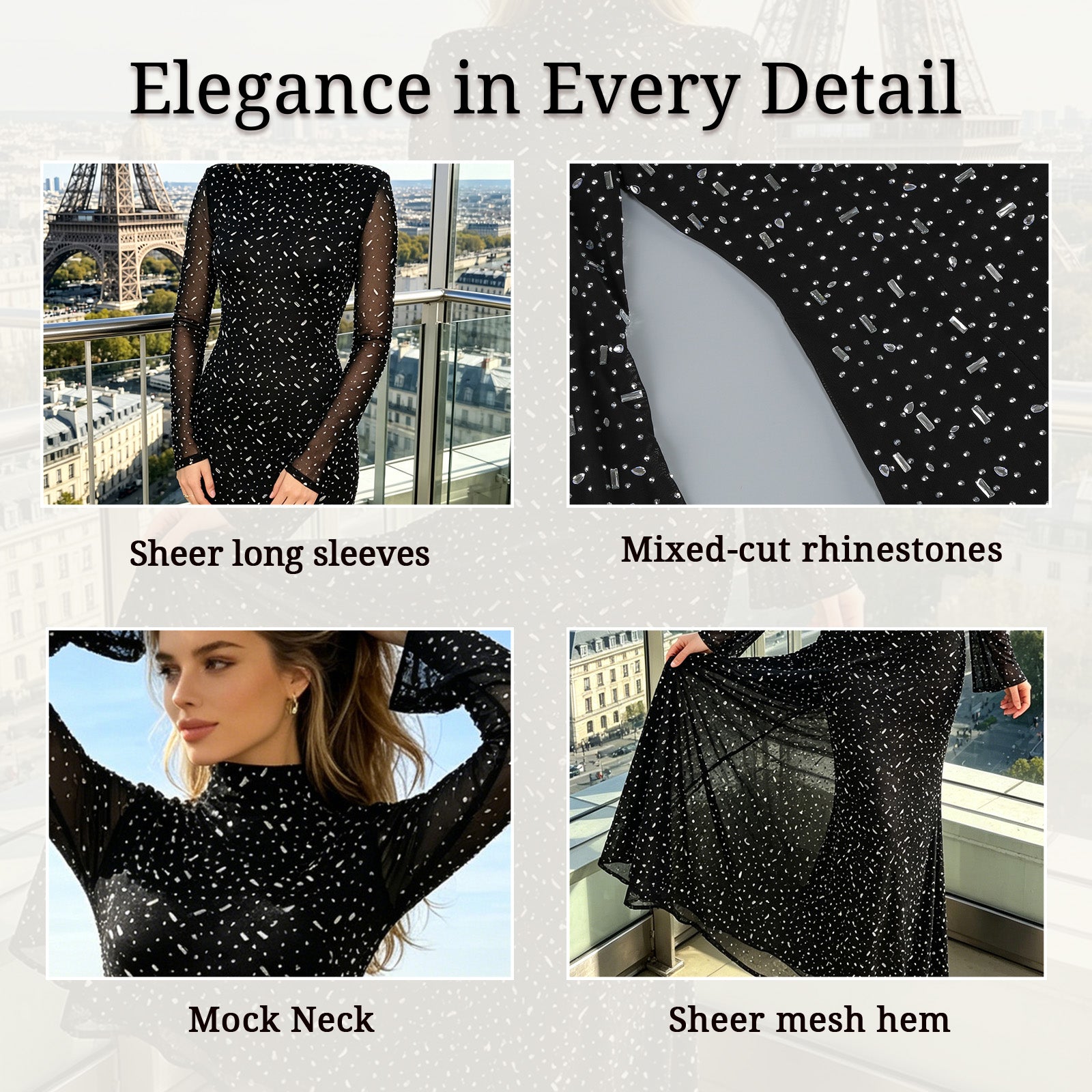 Mock Neck and Rhinestone Embroidery Fabric Details
