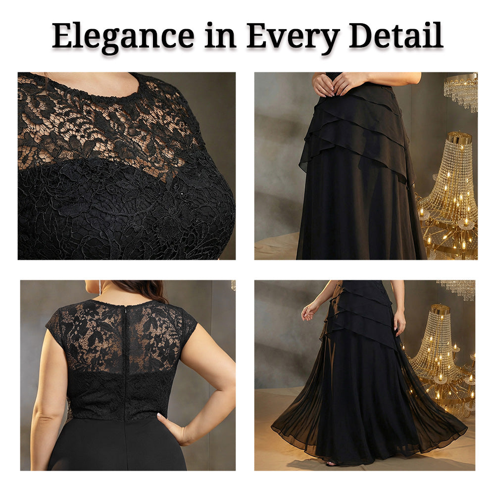 Detail collage of BluePlum plus‑size black lace cap‑sleeve tiered gown