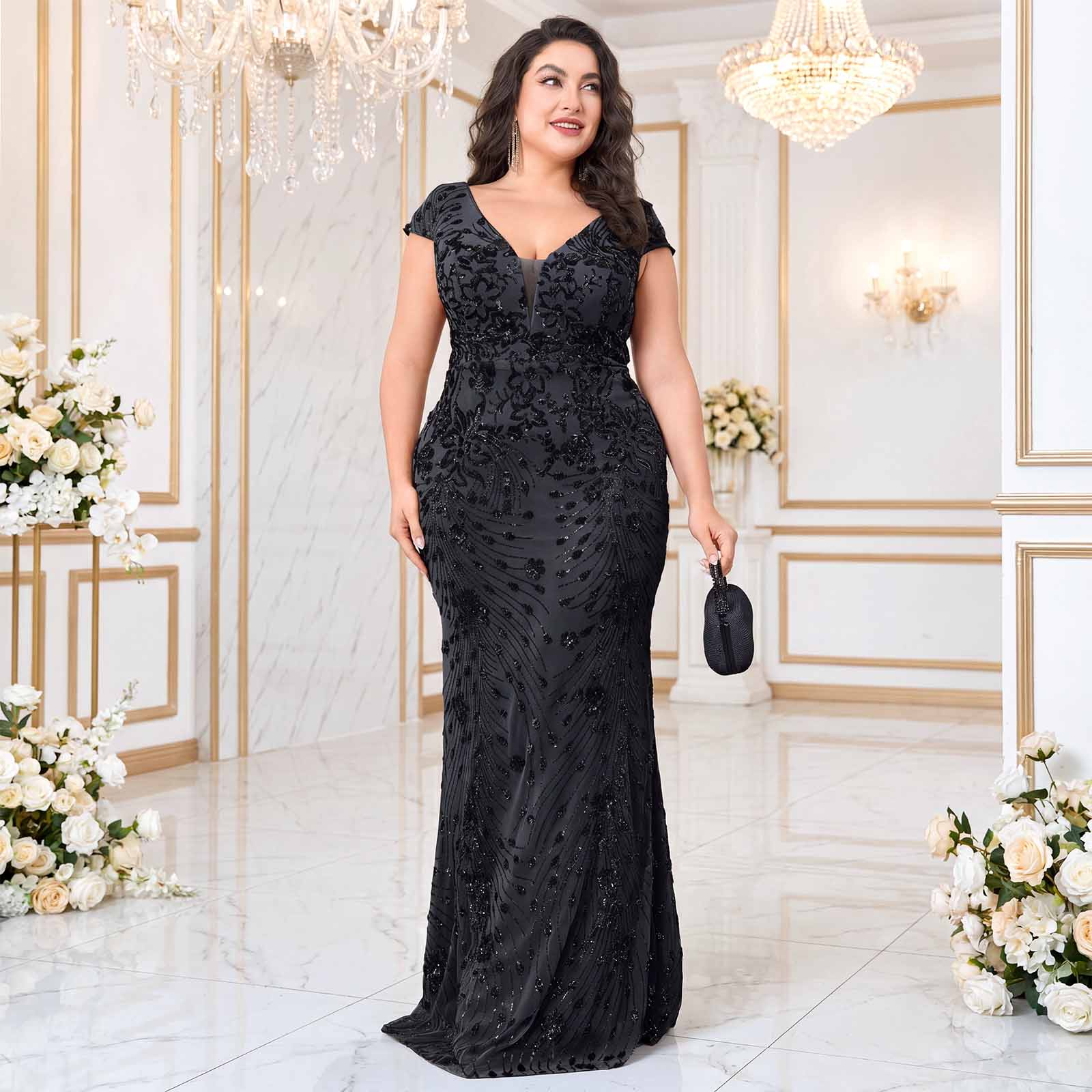 Front view plus‑size black lace mermaid evening gown for prom and gala