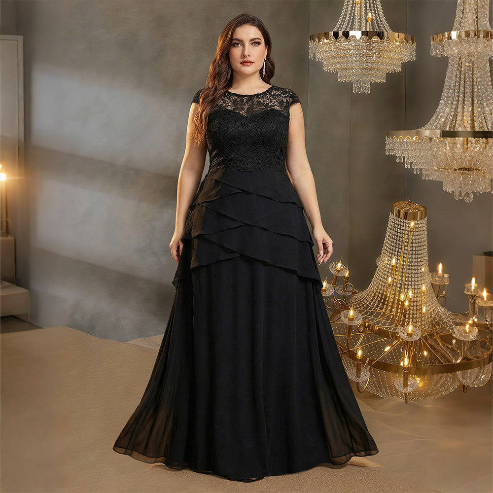 Front view plus‑size black lace cap‑sleeve tiered formal evening gown
