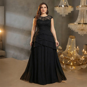 Front view plus‑size black lace cap‑sleeve tiered formal evening gown