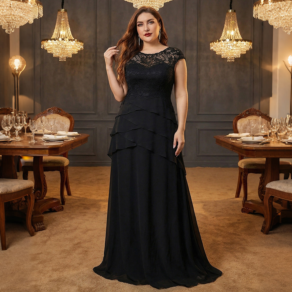 Elegant plus‑size black lace cap‑sleeve gown gala party lifestyle look